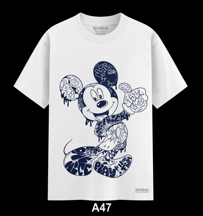 Áo Phông Nam Cao Cấp Mickey to quay mặt, nét mực đậm,  in ngực